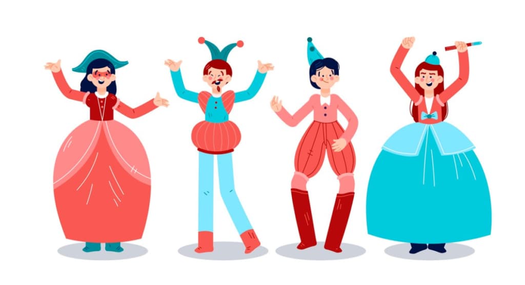 Cartoon of four people dressed in colorful circus outfits