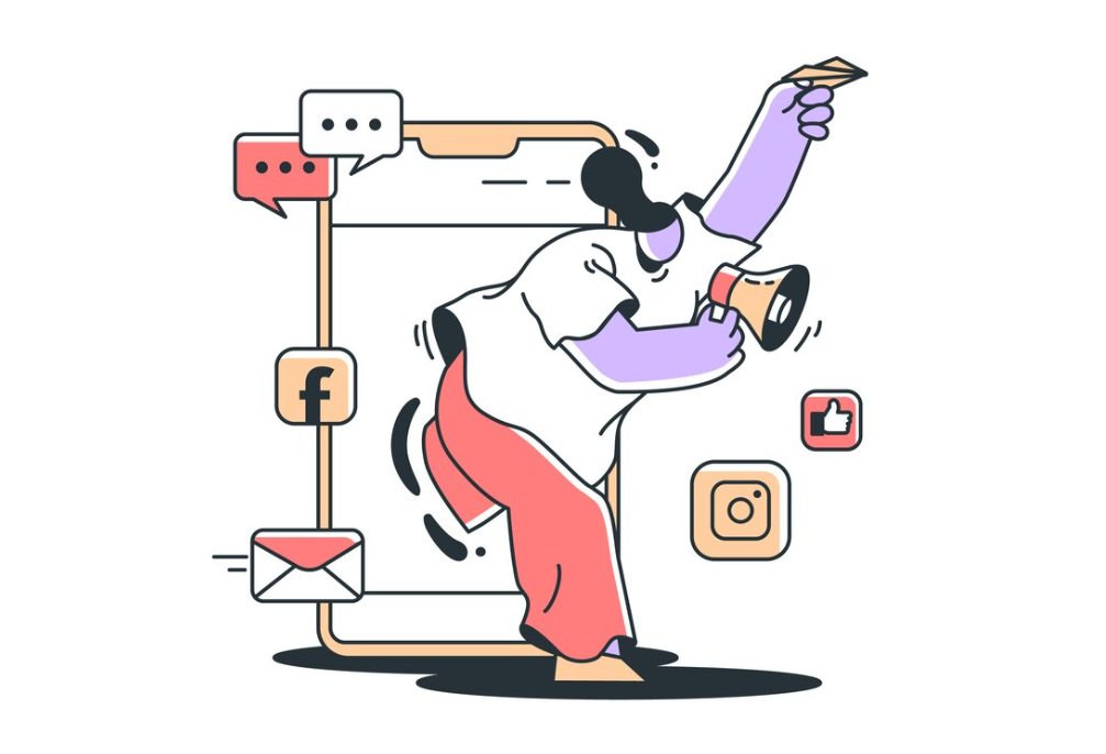 Illustrated person shouting into a megaphone with social media icons