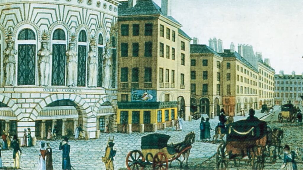A bustling street scene with horse-drawn carriages and an opera house