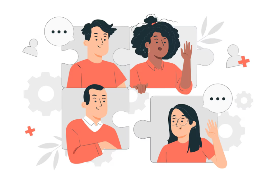 Illustration of four people as puzzle pieces with communication symbols